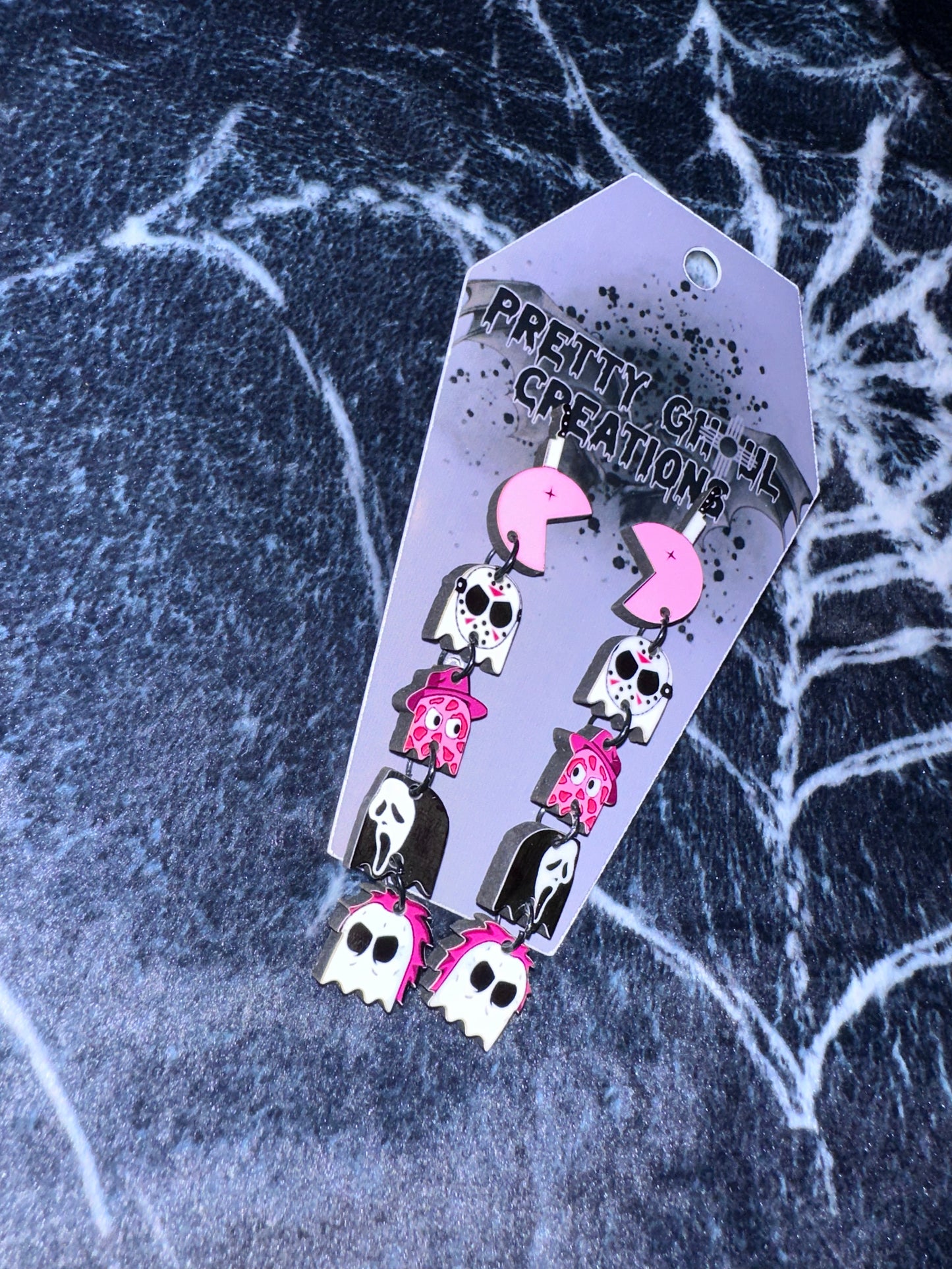 Pink Pac-Man dangle earrings